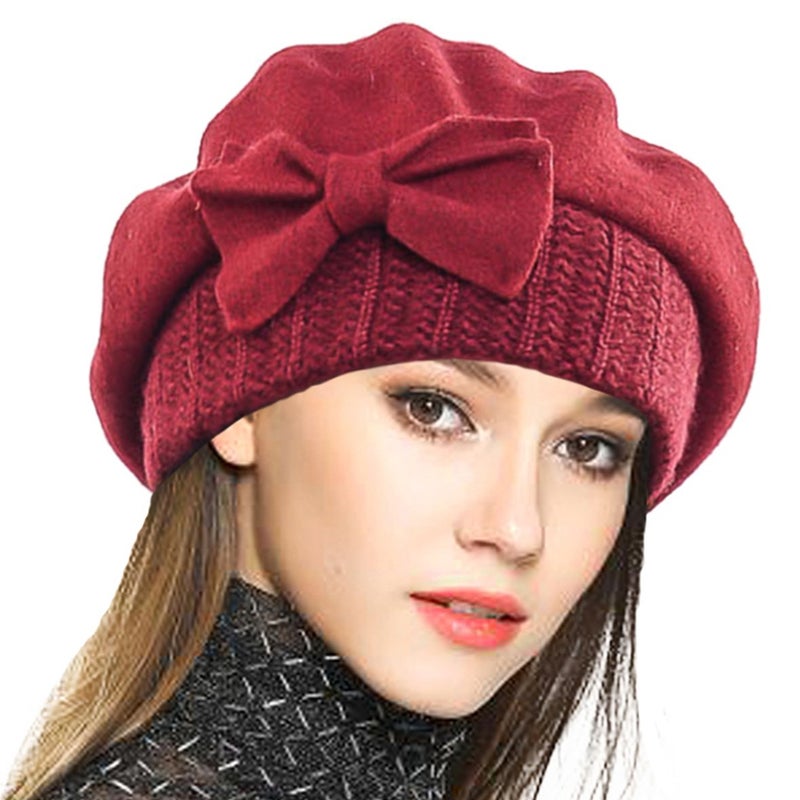 VECRY Lady French Beret 100% Wool Beret Floral Dress Beanie Winter Hat (Bow-Claret) - Image 1